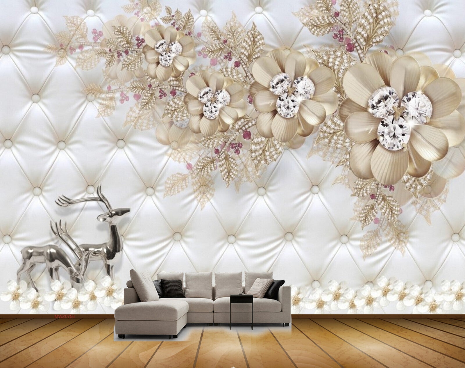 Avikalp MWZ0758 Deers White Cream Flowers 3D HD Wallpaper