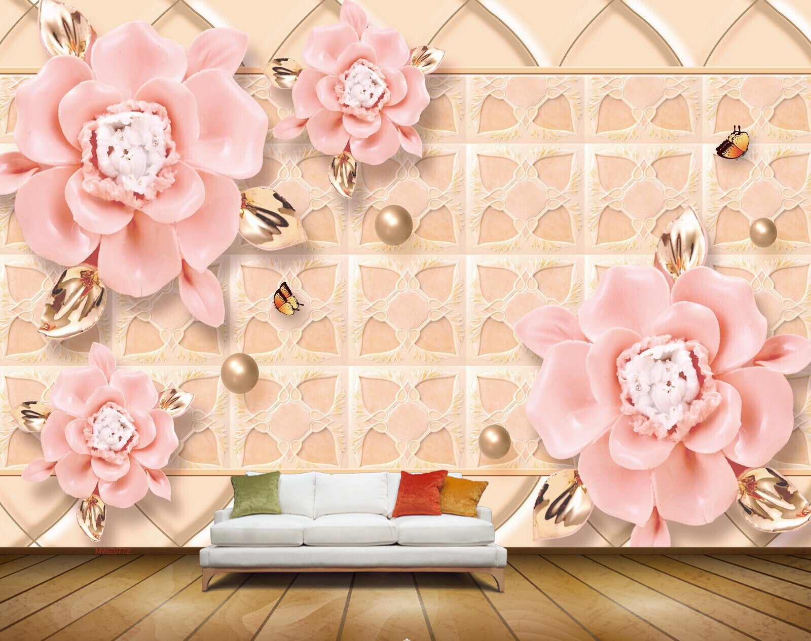 Avikalp MWZ0772 Pink Flowers Leaves Butterflies 3D HD Wallpaper