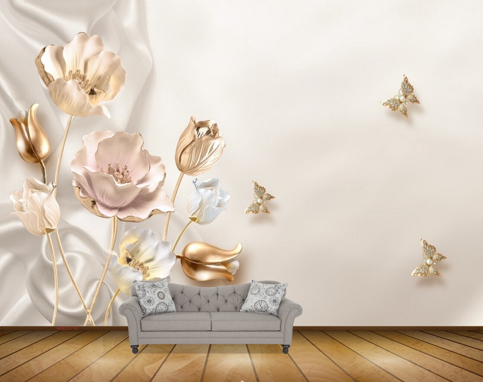 Avikalp MWZ0774 Golden Flowers Butterflies 3D HD Wallpaper