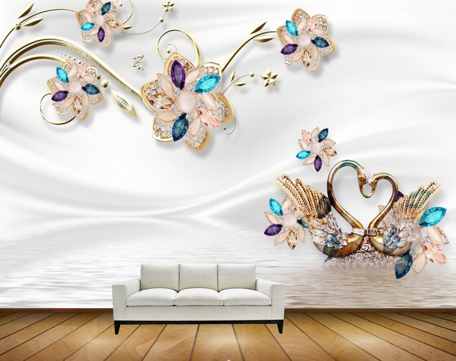 Avikalp MWZ0775 Cream Flowers Cranes 3D HD Wallpaper