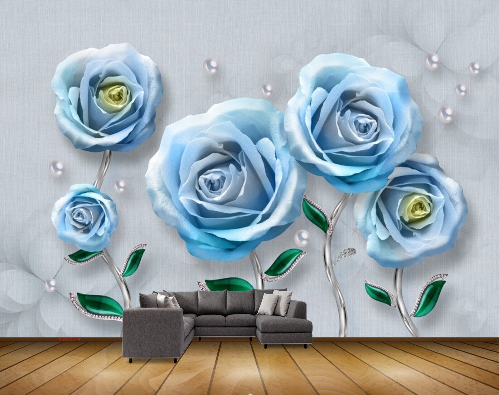 Avikalp MWZ0778 Blue Flowers Leaves 3D HD Wallpaper
