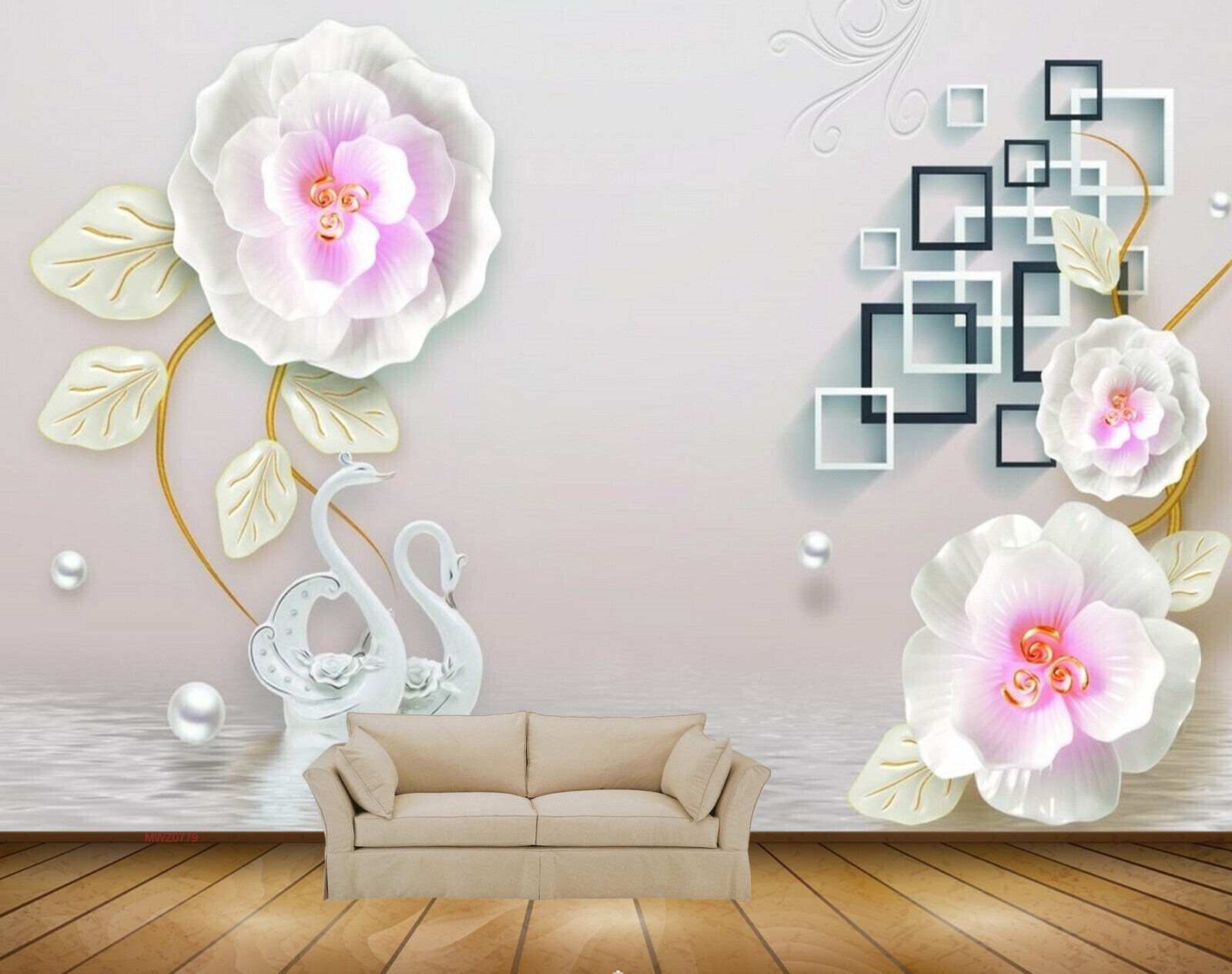 Avikalp MWZ0779 Pink White Flowers Swans HD Wallpaper