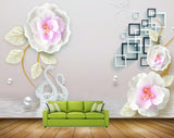 Avikalp MWZ0779 Pink White Flowers Swans 3D HD Wallpaper