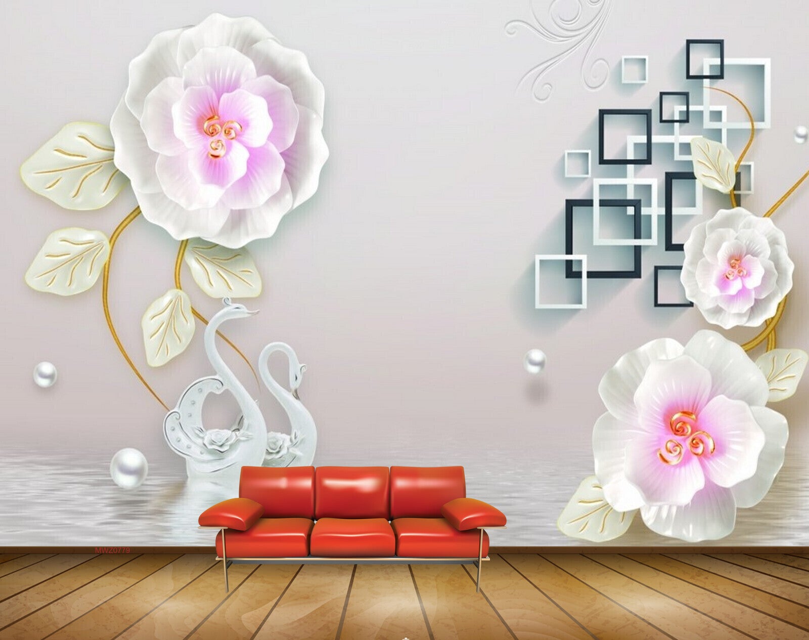 Avikalp MWZ0779 Pink White Flowers Swans 3D HD Wallpaper