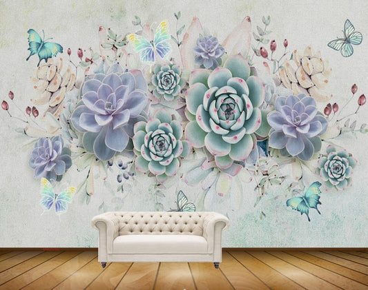 Avikalp MWZ0780 Blue Green Flowers Butterflies HD Wallpaper