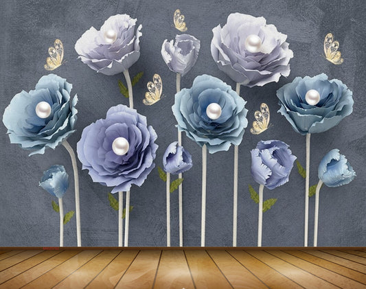Avikalp MWZ0782 Blue Flowers Butterflies 3D HD Wallpaper