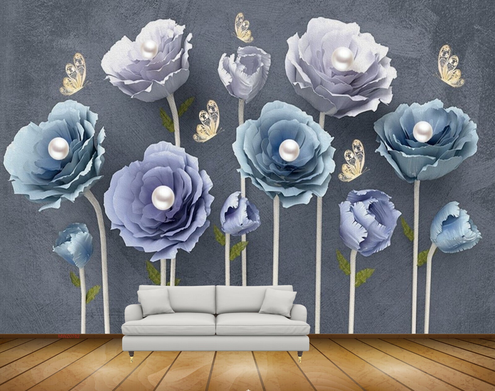 Avikalp MWZ0782 Blue Flowers Butterflies 3D HD Wallpaper