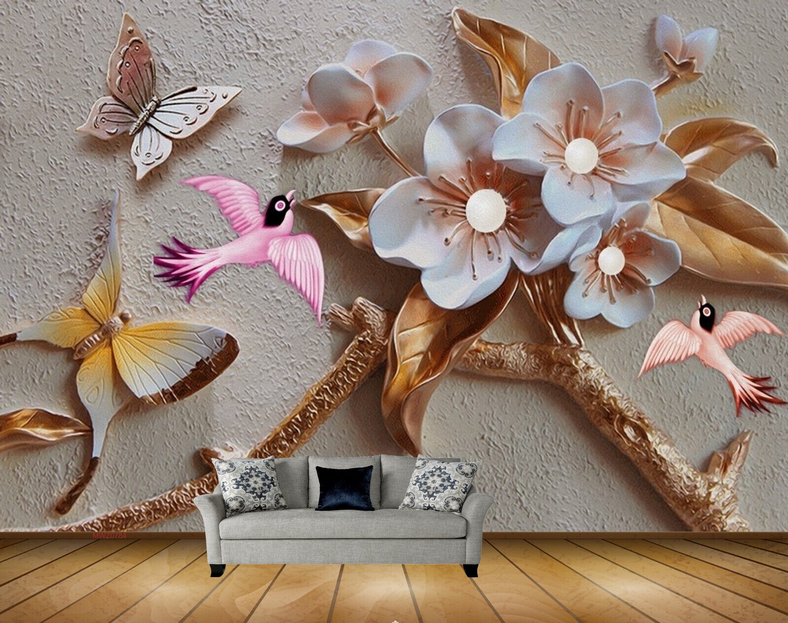 Avikalp MWZ0784 White Flowers Birds 3D HD Wallpaper