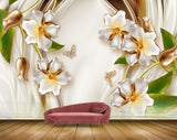 Avikalp MWZ0788 White Golden Flowers Leaves Butterflies HD Wallpaper