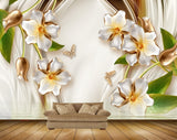 Avikalp MWZ0788 White Golden Flowers Leaves Butterflies 3D HD Wallpaper