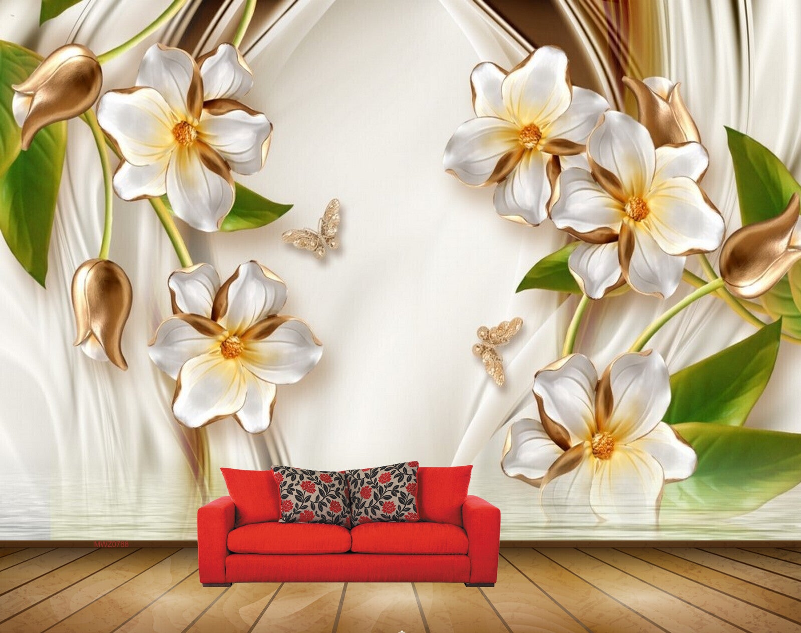 Avikalp MWZ0788 White Golden Flowers Leaves Butterflies 3D HD Wallpaper