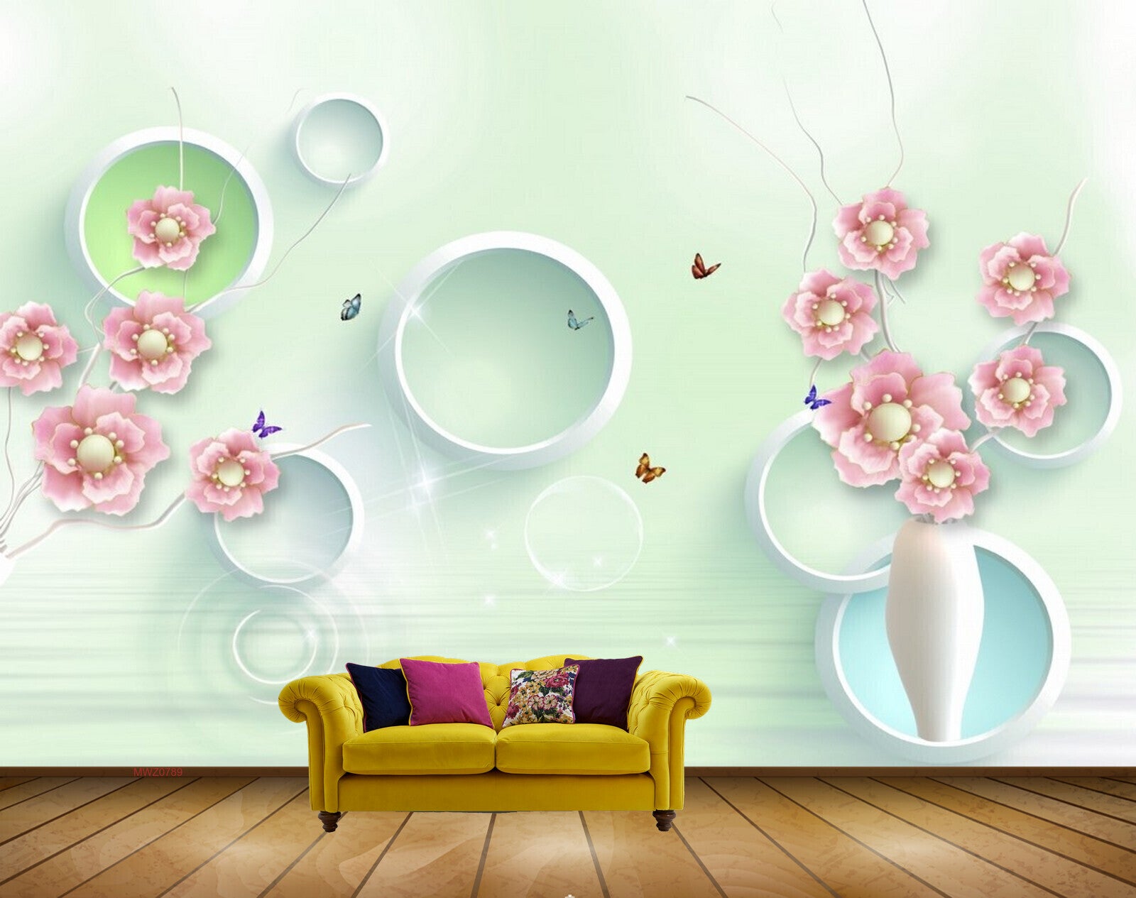 Avikalp MWZ0789 Pink Flowers Butterflies 3D HD Wallpaper