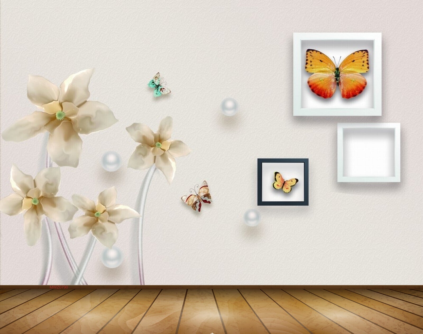 Avikalp MWZ0790 White Flowers Butterfies 3D HD Wallpaper