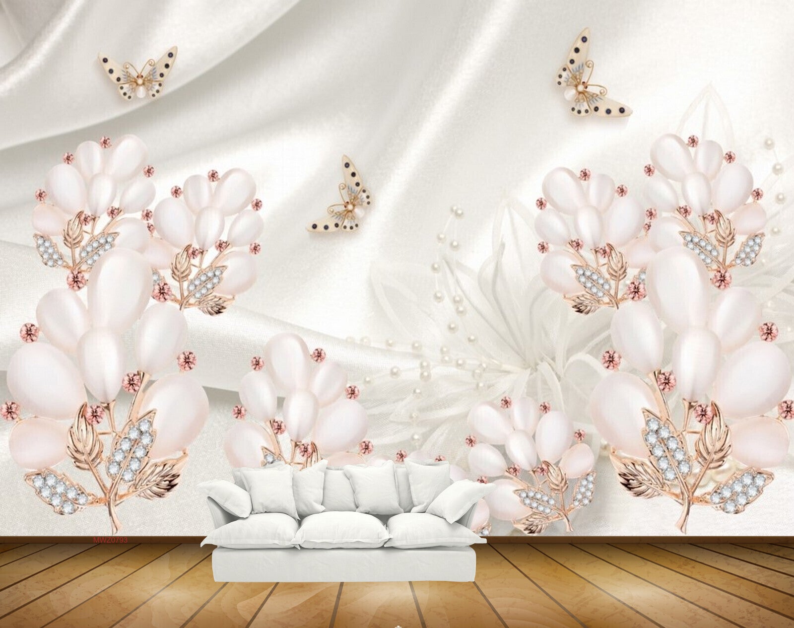 Avikalp MWZ0793 White Flowers Butterfles 3D HD Wallpaper