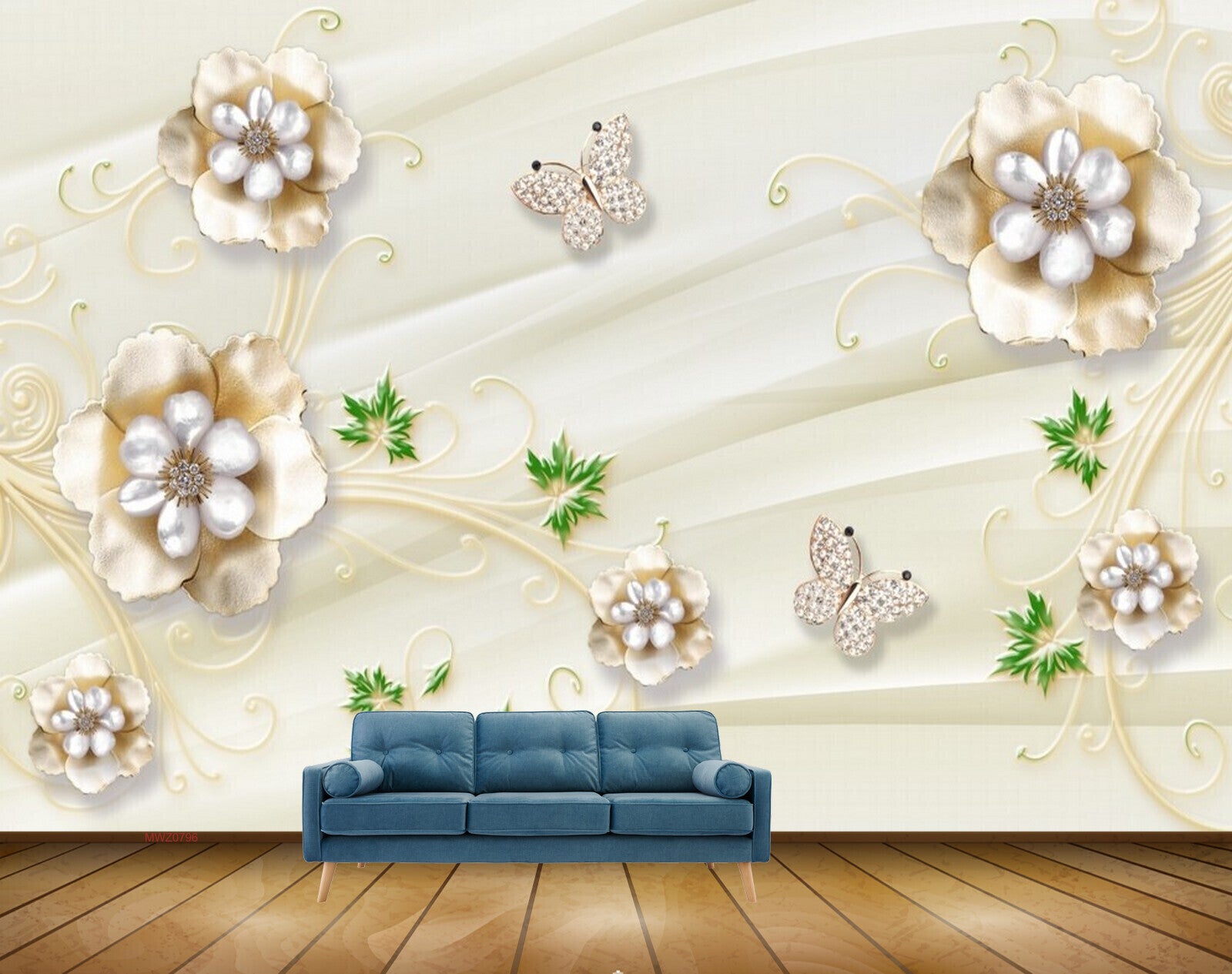 Avikalp MWZ0796 White Gold Flowers Butterflies Leaves HD Wallpaper