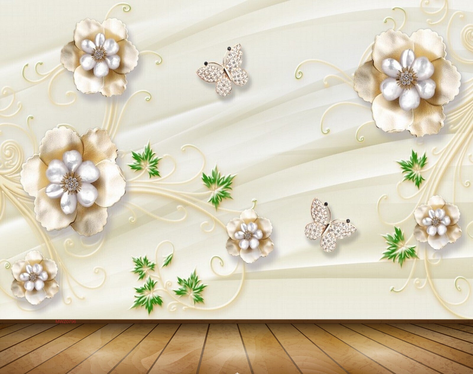 Avikalp MWZ0796 White Gold Flowers Butterflies Leaves 3D HD Wallpaper