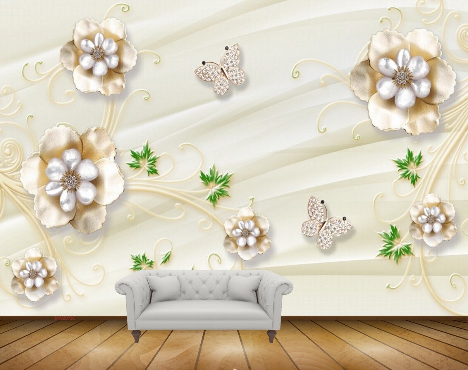 Avikalp MWZ0796 White Gold Flowers Butterflies Leaves 3D HD Wallpaper