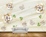 Avikalp MWZ0796 White Gold Flowers Butterflies Leaves 3D HD Wallpaper