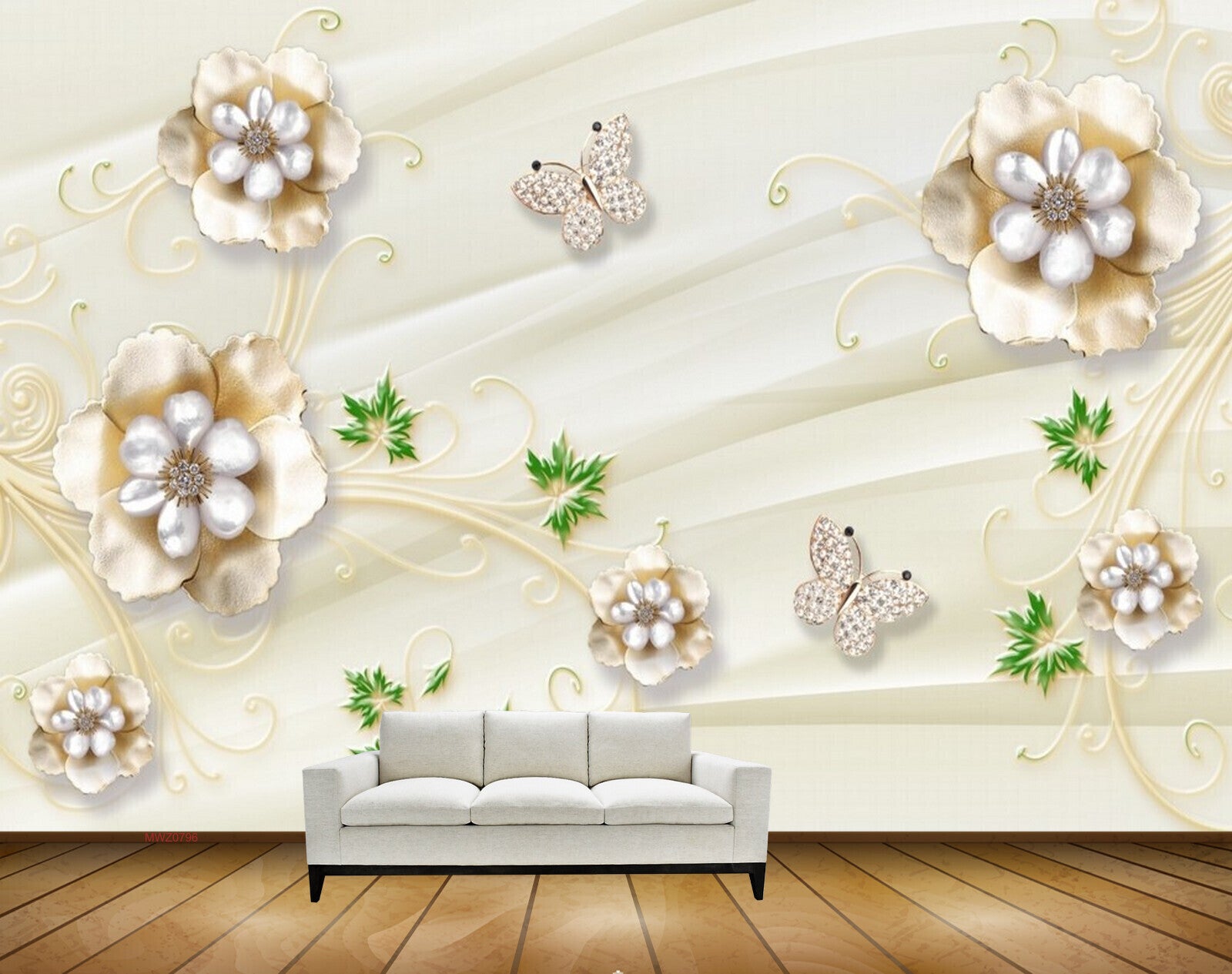 Avikalp MWZ0796 White Gold Flowers Butterflies Leaves 3D HD Wallpaper