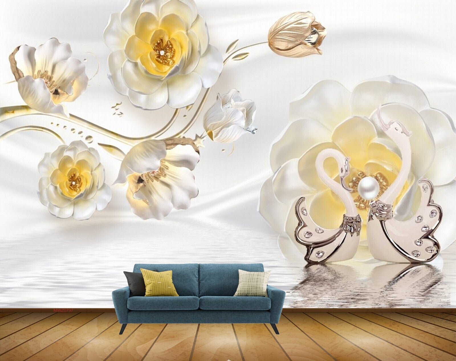 Avikalp MWZ0797 White Orange Flowers Cranes HD Wallpaper