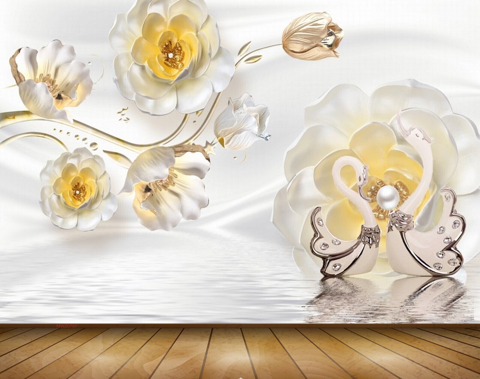 Avikalp MWZ0797 White Orange Flowers Cranes 3D HD Wallpaper
