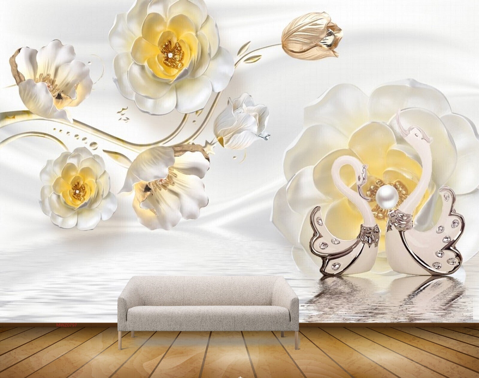 Avikalp MWZ0797 White Orange Flowers Cranes 3D HD Wallpaper