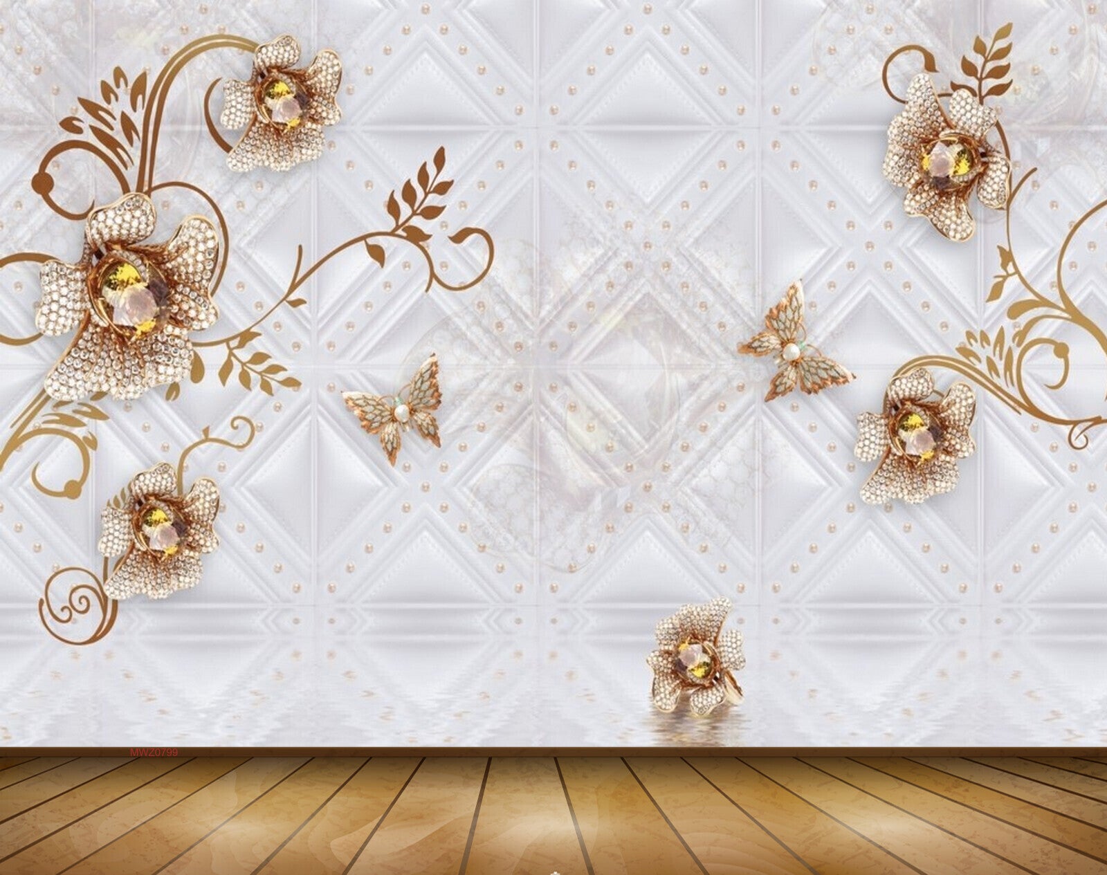 Avikalp MWZ0799 Golden Flowers Butterflies Leaves 3D HD Wallpaper