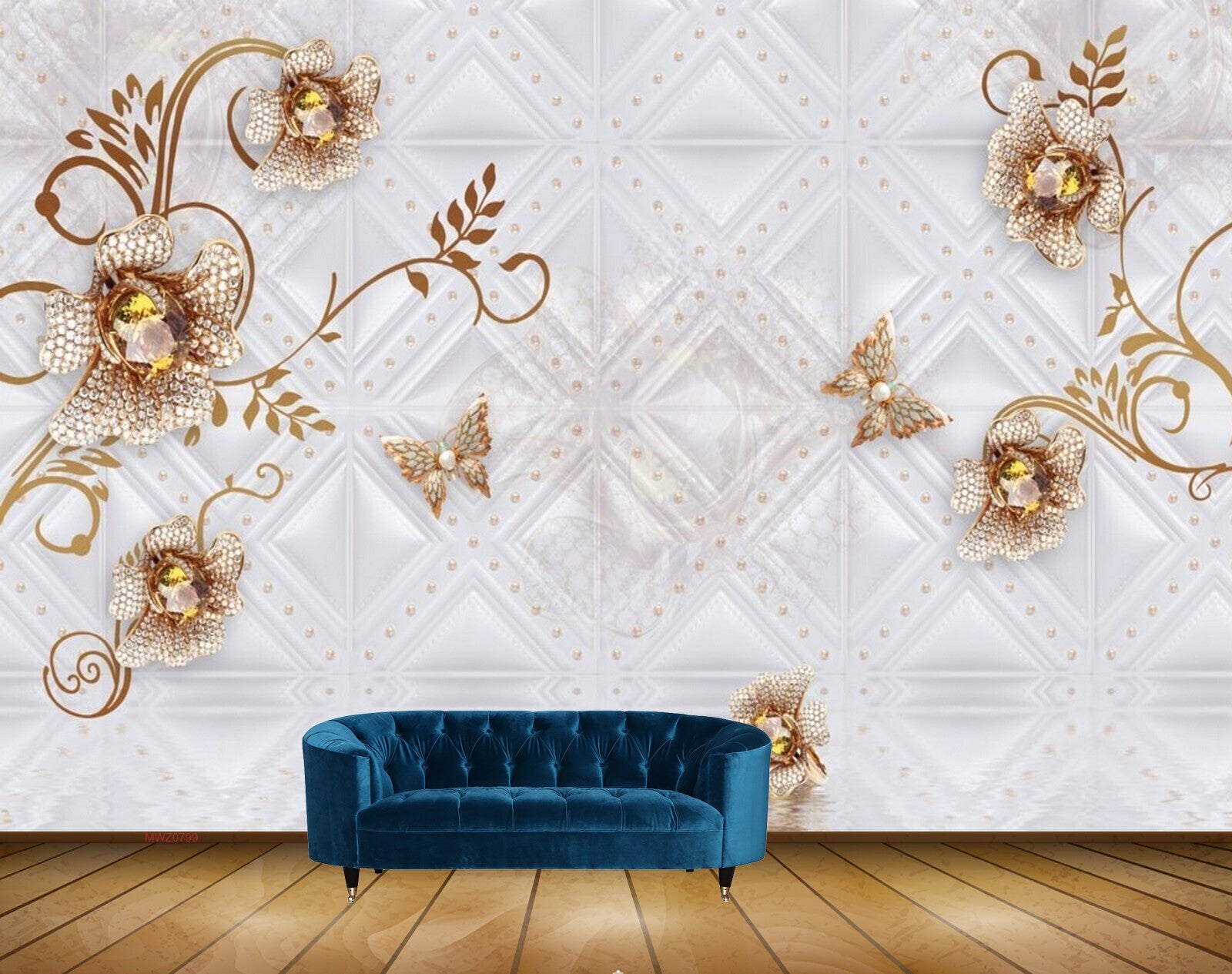 Avikalp MWZ0799 Golden Flowers Butterflies Leaves 3D HD Wallpaper