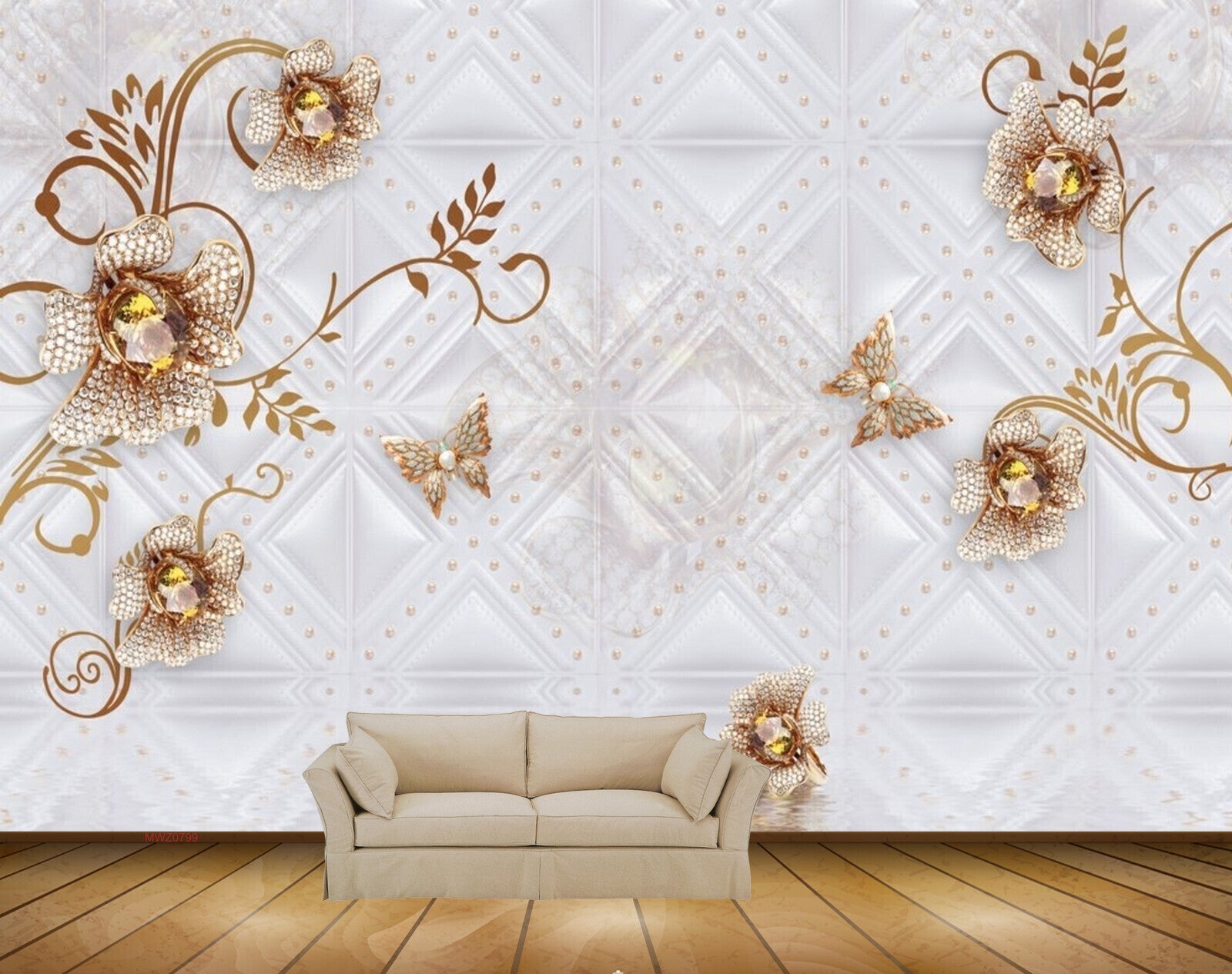 Avikalp MWZ0799 Golden Flowers Butterflies Leaves 3D HD Wallpaper