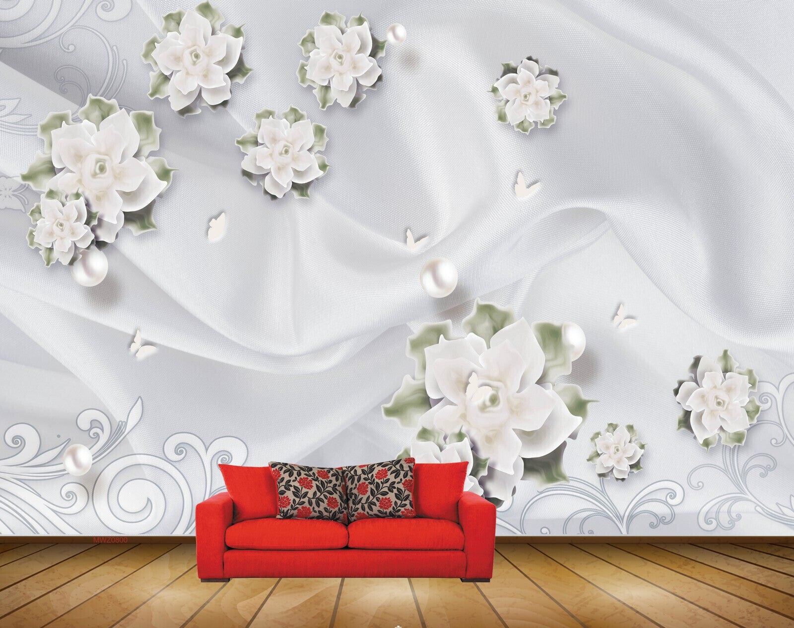 Avikalp MWZ0800 White Flowers Leaves Butterflies 3D HD Wallpaper