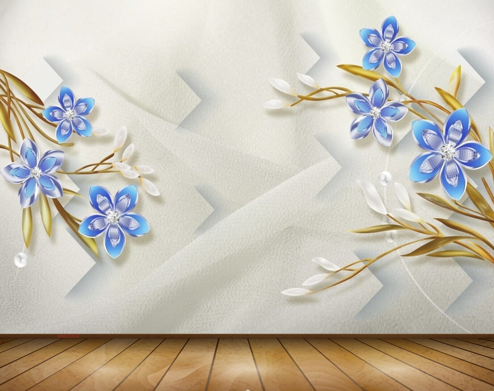 Avikalp MWZ0802 Blue White Flowers Leaves 3D HD Wallpaper