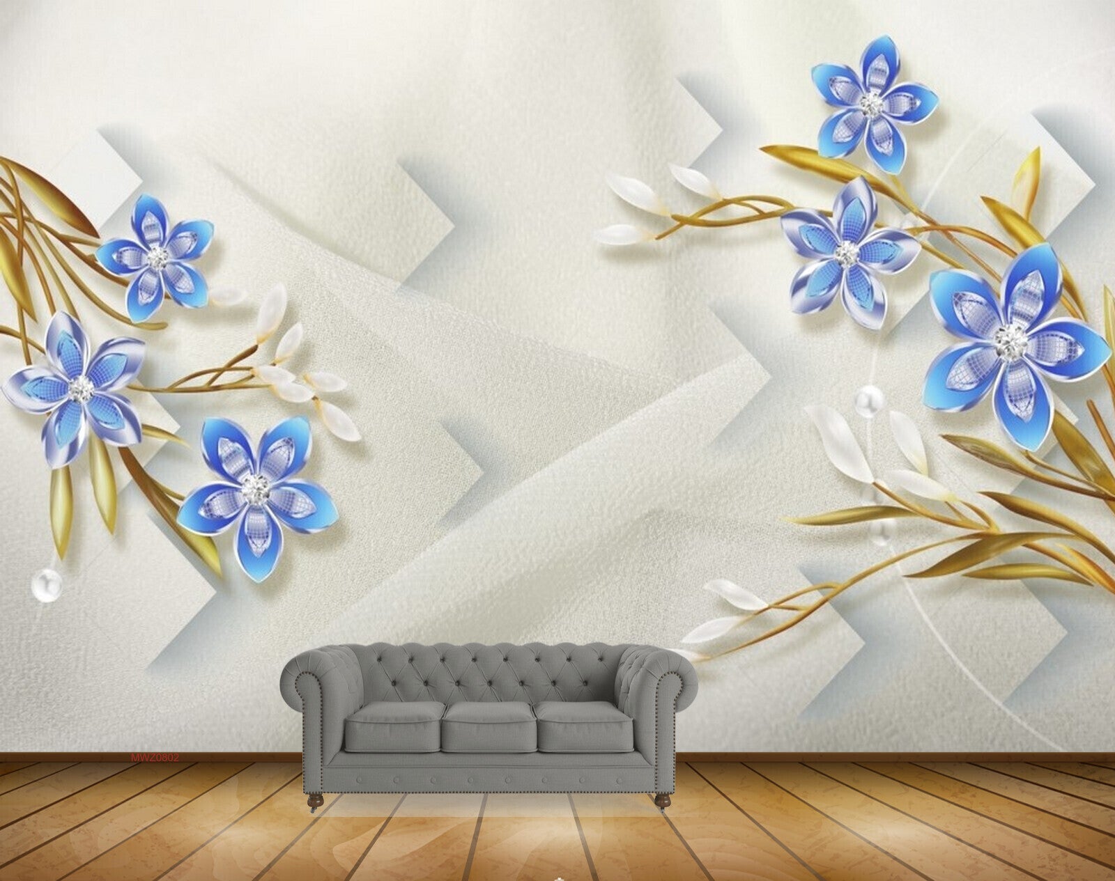 Avikalp MWZ0802 Blue White Flowers Leaves 3D HD Wallpaper