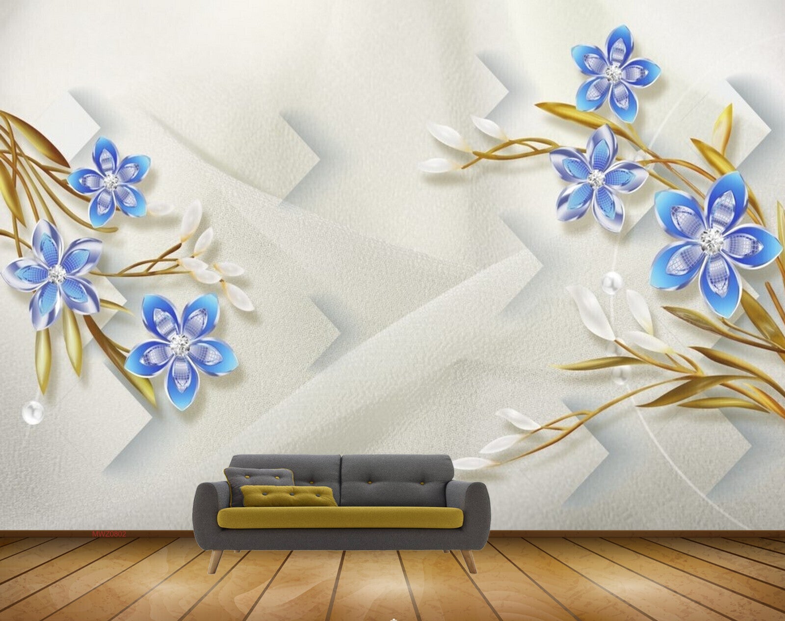 Avikalp MWZ0802 Blue White Flowers Leaves 3D HD Wallpaper