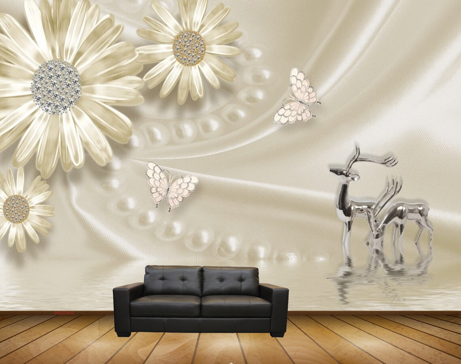 Avikalp MWZ0803 Golden Flowers Butterfies Deers 3D HD Wallpaper