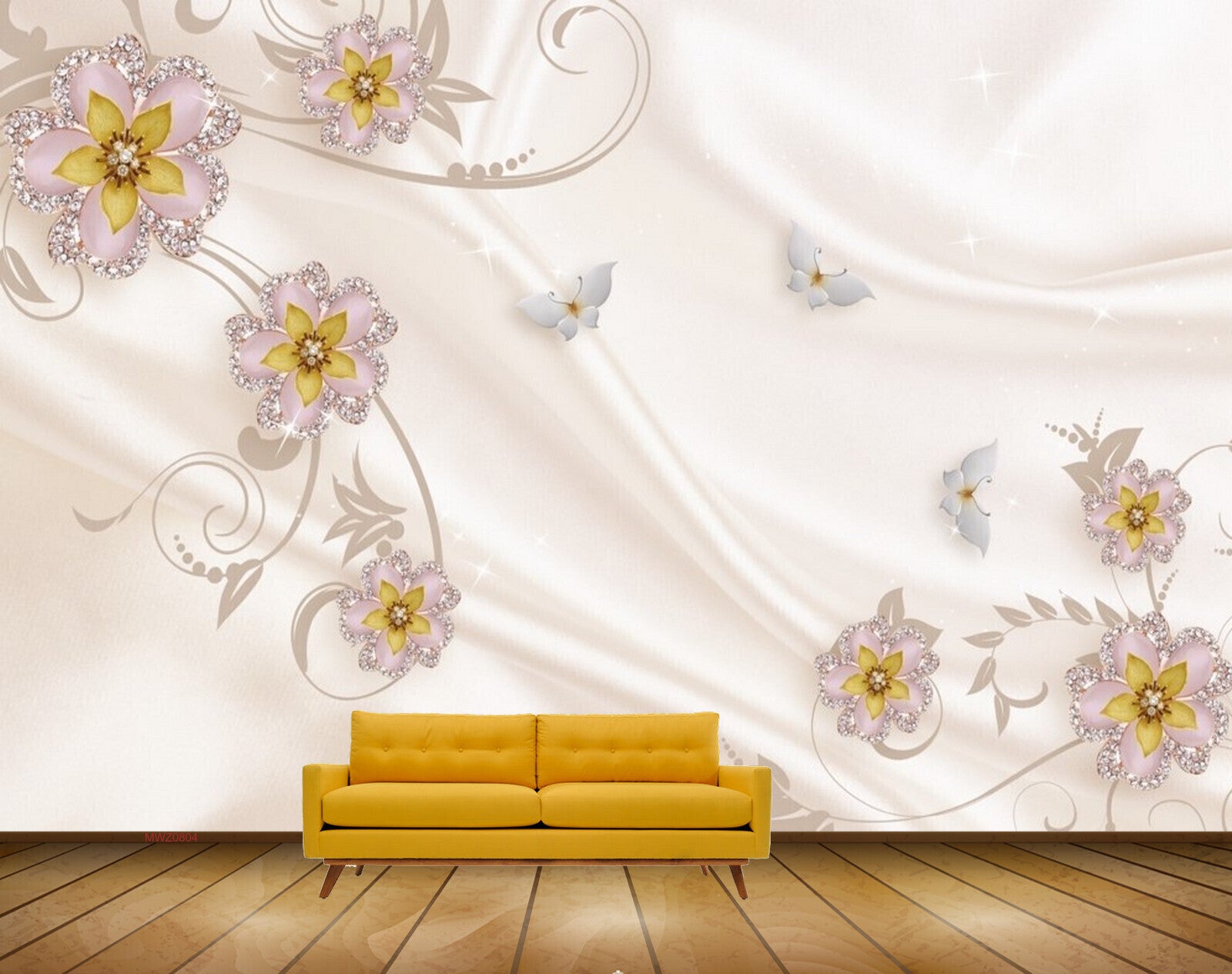 Avikalp MWZ0804 Pink Yellow Flowers Butterflies 3D HD Wallpaper
