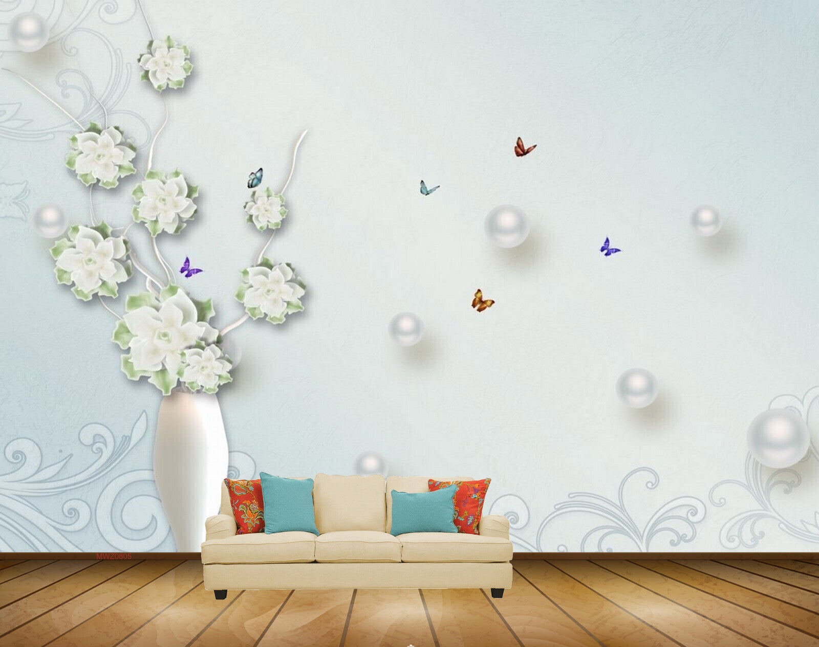 Avikalp MWZ0805 White Flowers Butterflies 3D HD Wallpaper