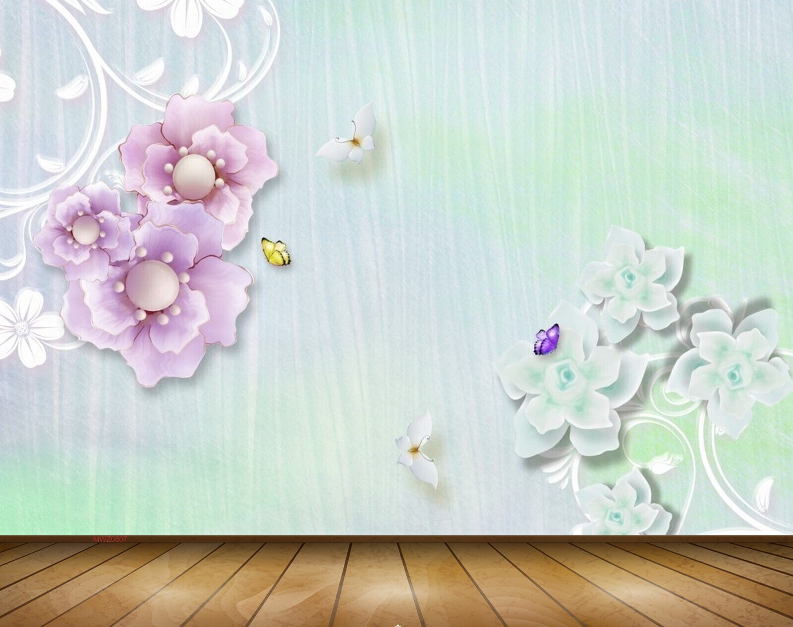Avikalp MWZ0807 Pink Green Flowers Butterflies 3D HD Wallpaper
