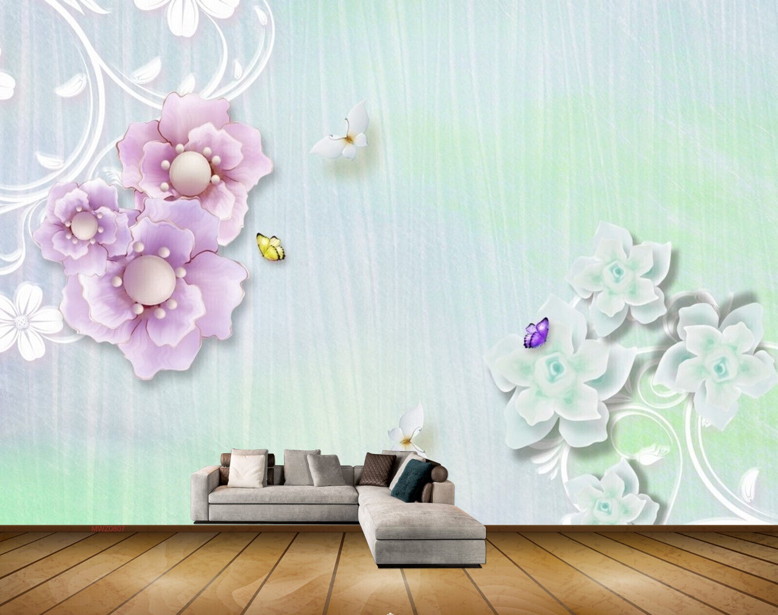 Avikalp MWZ0807 Pink Green Flowers Butterflies 3D HD Wallpaper