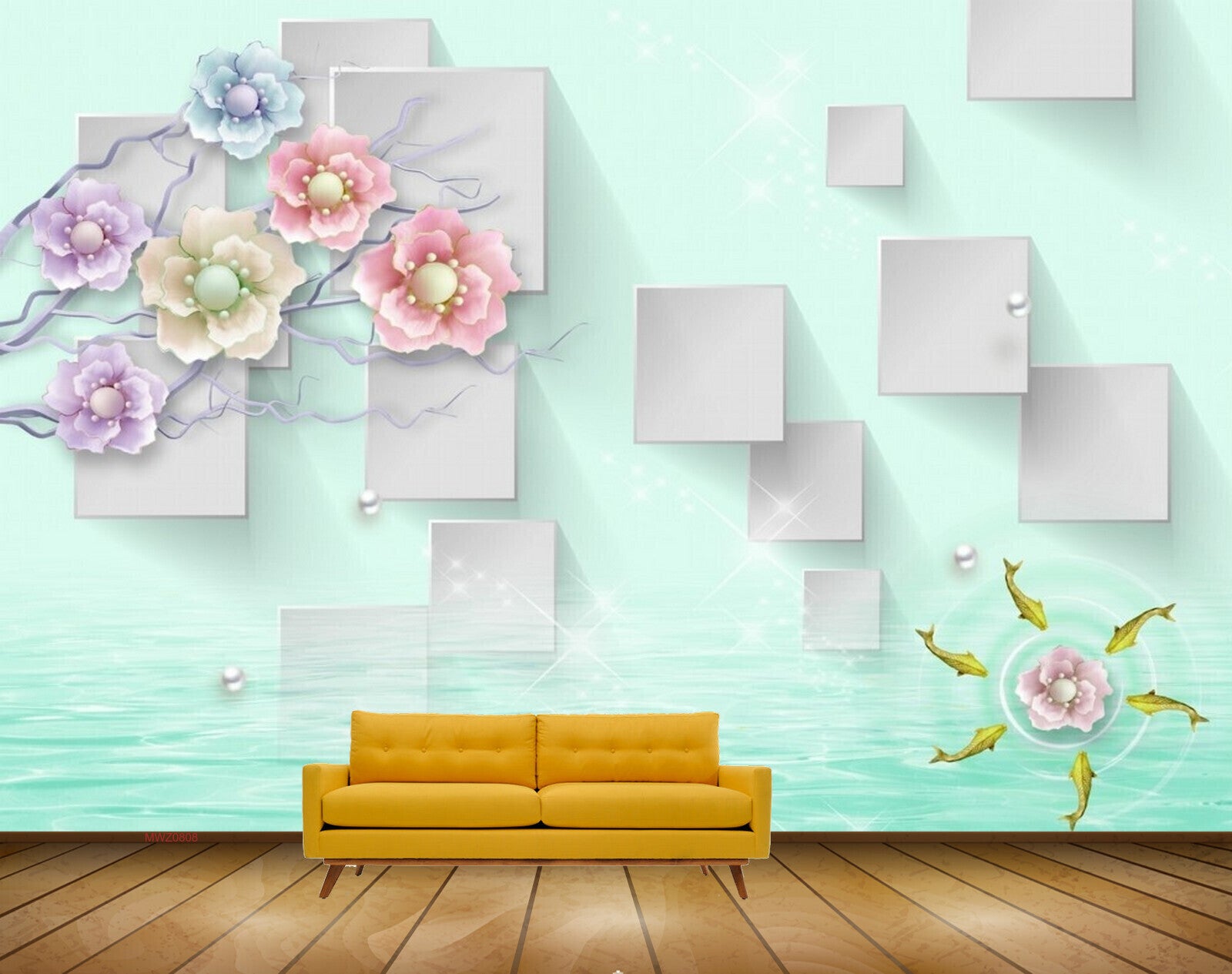 Avikalp MWZ0808 Pink Purple Blue Flowers Fishes 3D HD Wallpaper