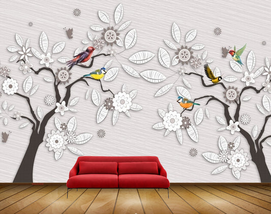 Avikalp MWZ0809 White Black Flowers Trees Flowers Birds HD Wallpaper