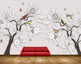 Avikalp MWZ0809 White Black Flowers Trees Flowers Birds HD Wallpaper