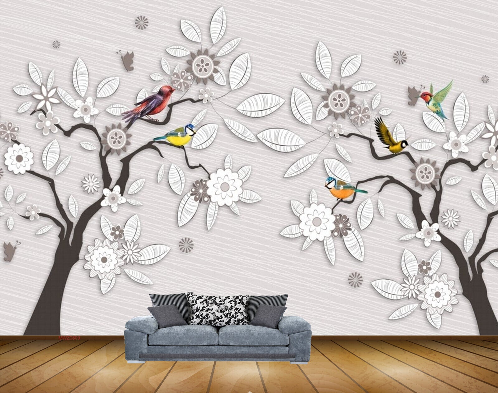 Avikalp MWZ0809 White Black Flowers Trees Flowers Birds 3D HD Wallpaper