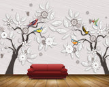 Avikalp MWZ0809 White Black Flowers Trees Flowers Birds 3D HD Wallpaper