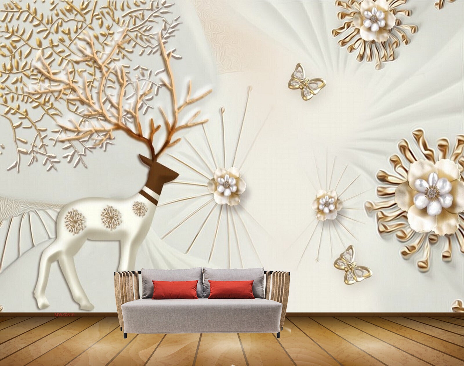 Avikalp MWZ0810 White Golden Flowers Deer Butterflies Trees HD Wallpaper