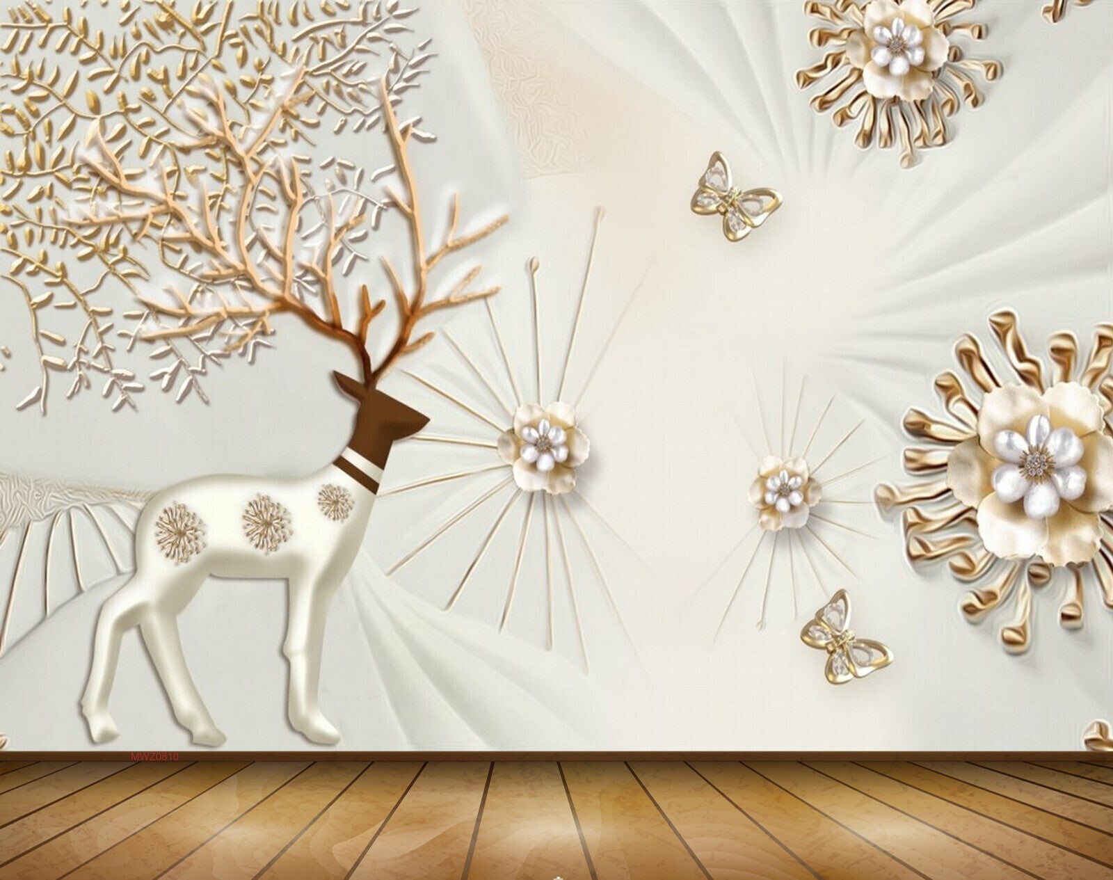 Avikalp MWZ0810 White Golden Flowers Deer Butterflies Trees 3D HD Wallpaper