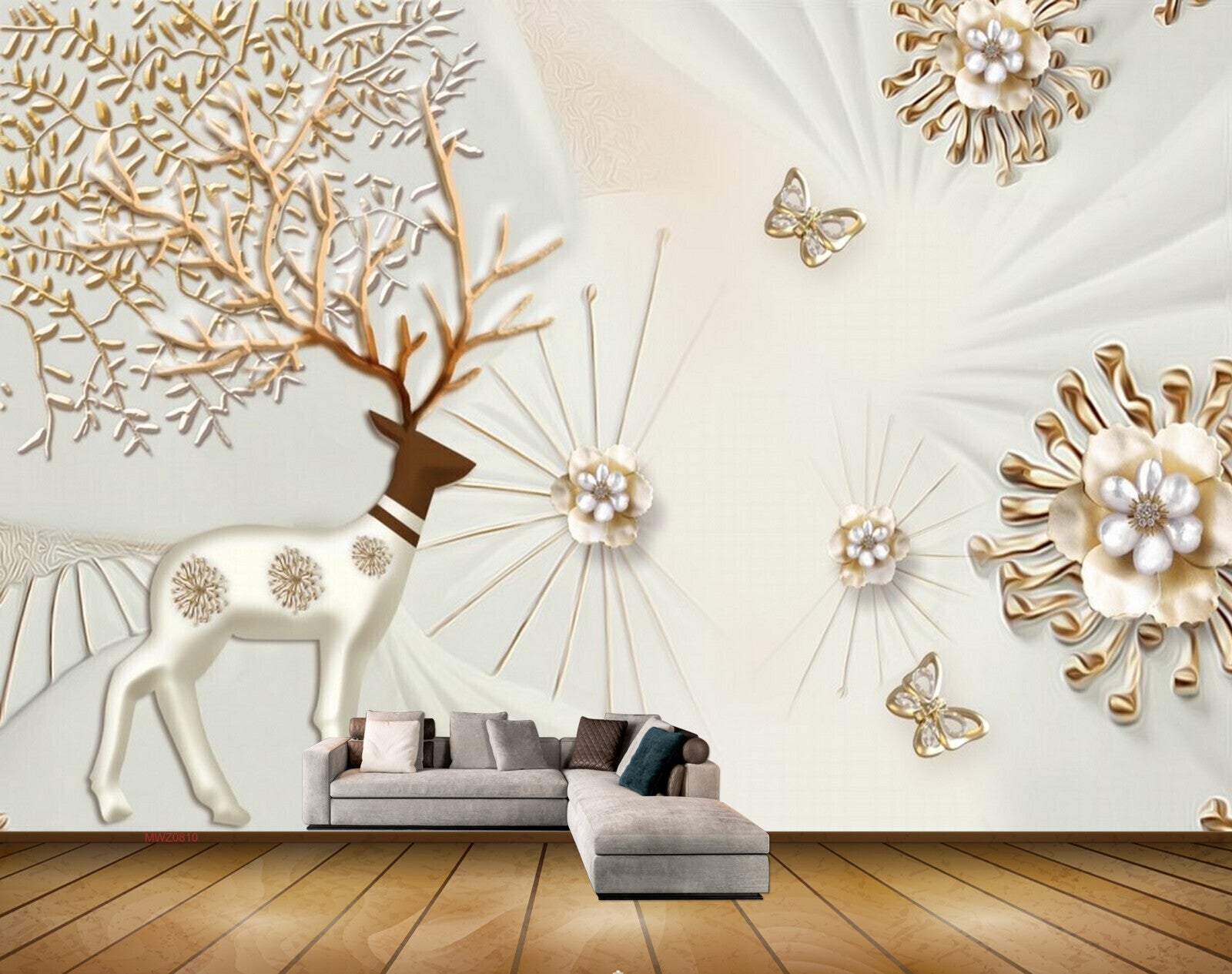 Avikalp MWZ0810 White Golden Flowers Deer Butterflies Trees 3D HD Wallpaper