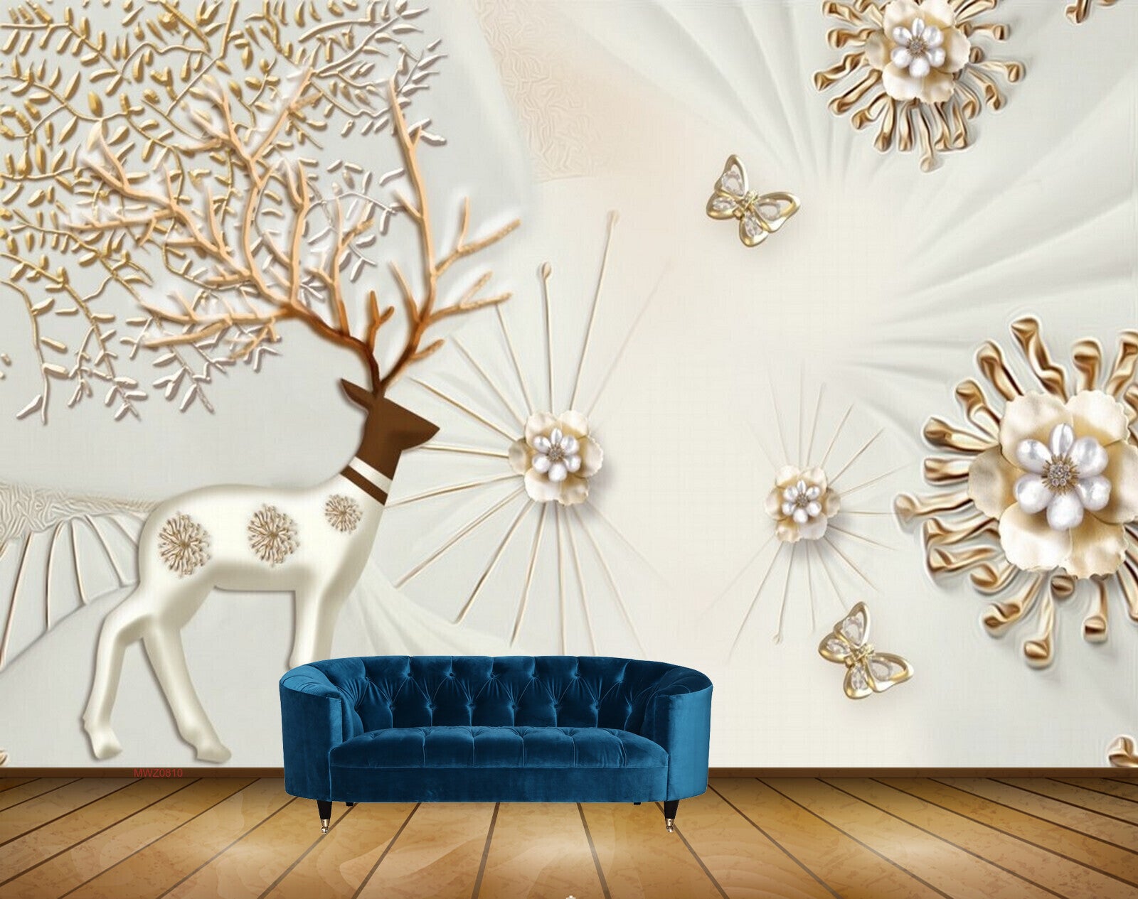 Avikalp MWZ0810 White Golden Flowers Deer Butterflies Trees 3D HD Wallpaper