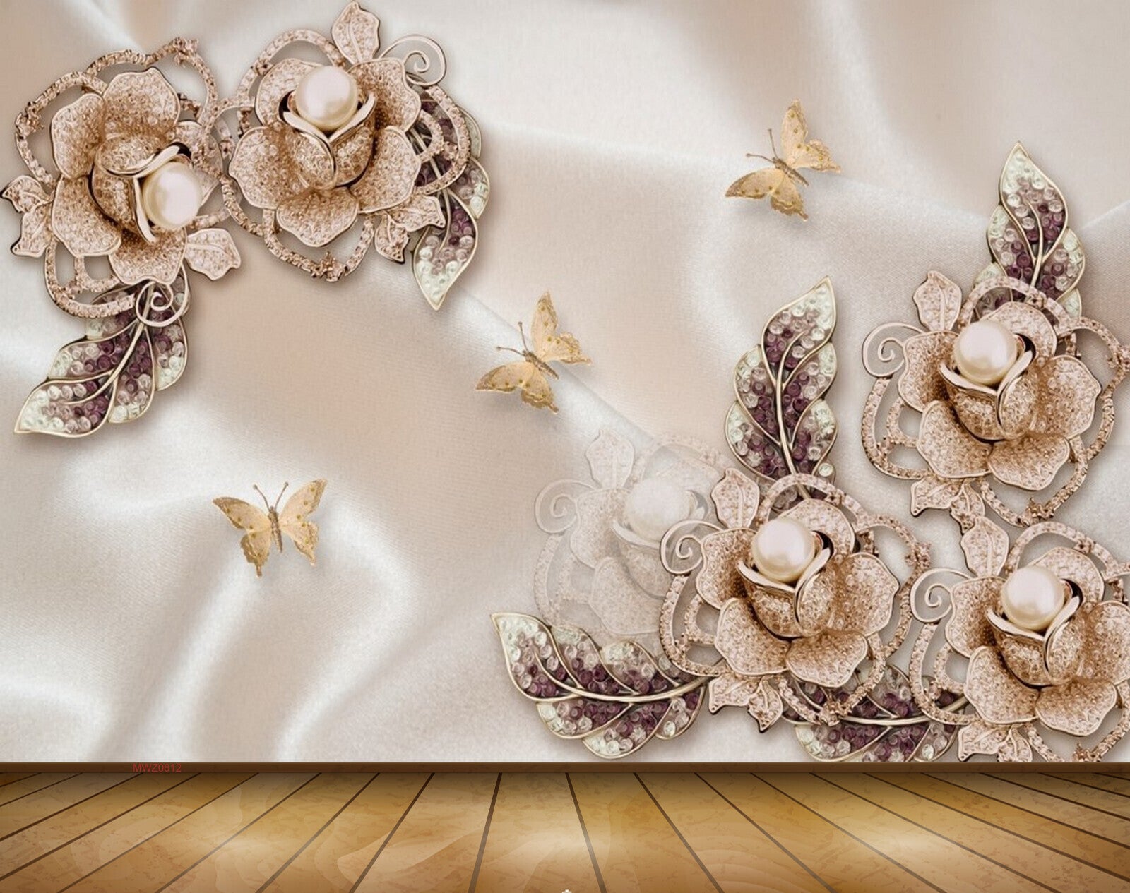 Avikalp MWZ0812 White Gold Flowers Butterflies 3D HD Wallpaper