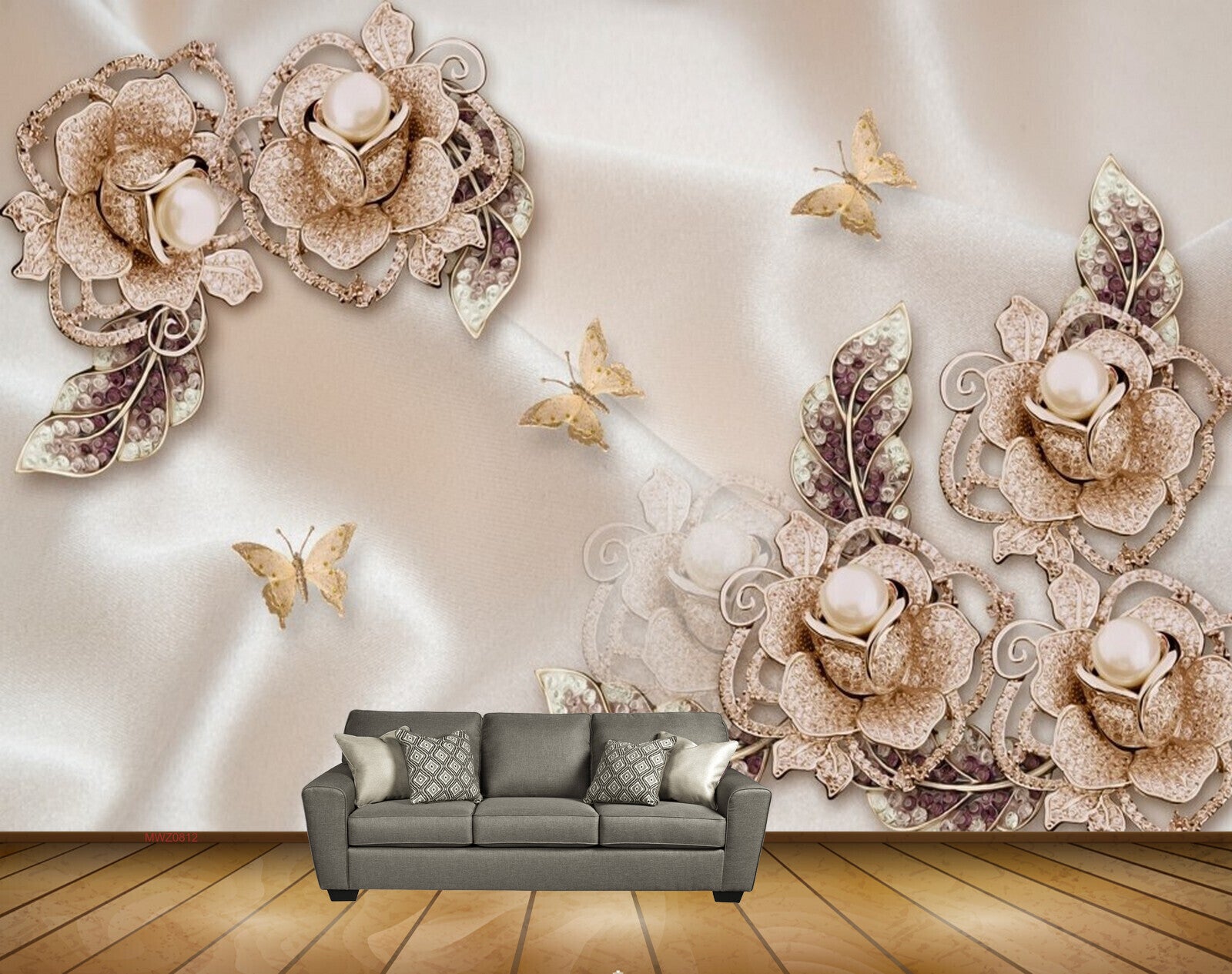 Avikalp MWZ0812 White Gold Flowers Butterflies 3D HD Wallpaper