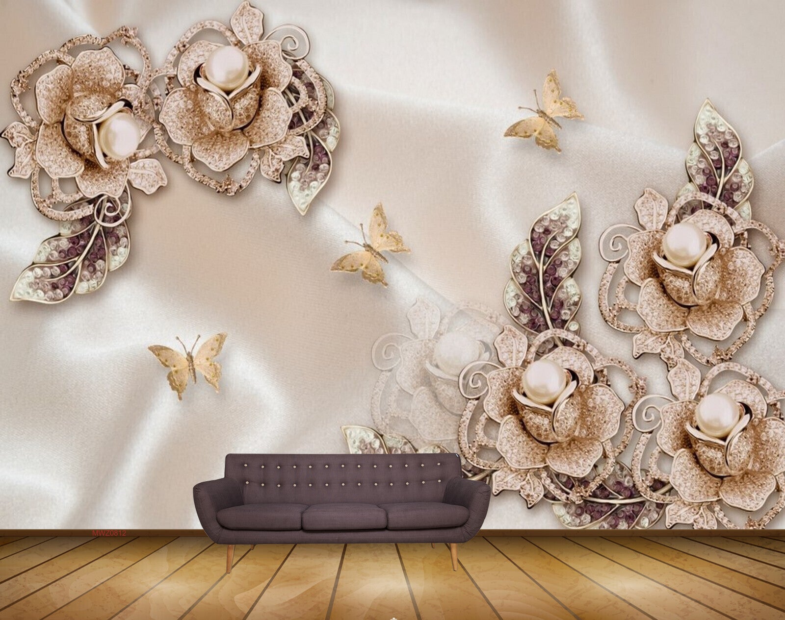Avikalp MWZ0812 White Gold Flowers Butterflies 3D HD Wallpaper